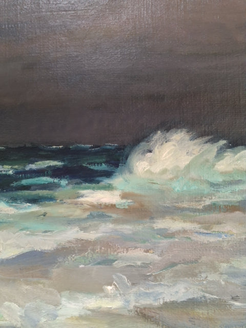 Maleri: Gråvejr over havet